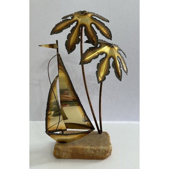 Vintage Mario Jason Signed Brass Sailboat & Palm Trees Onyx Base 12" Tall Retro - Picture 2 of 9